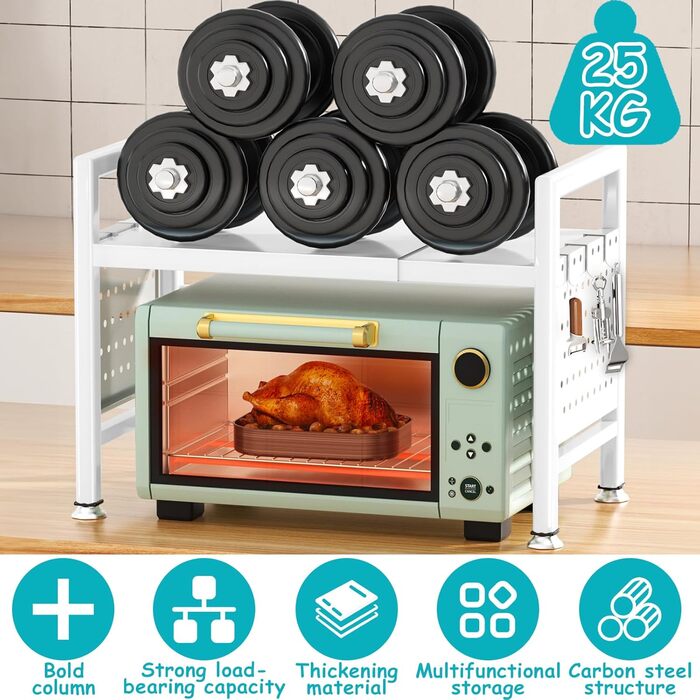 Підставка для мікрохвильової печі, 2-рівнева, розширювана 40-65см, з 6 гачками, для кухонного ножа, біла