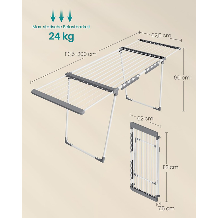 SONGMICS Сушарка для білизни SONGMICS LLR518G01, металева, розкладна, 52.5 x 173 x 96.5 см, з тримачем для шкарпеток, для одягу, рушників, білизни