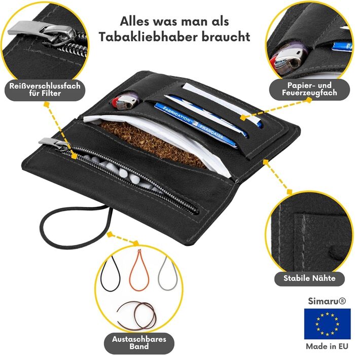 SIMARU Leather Tobacco Pouch for 30g Tobacco Bag, Roller Pouch Made of Genuine Leather with Filter Compartment & Rolling Paper Holder (Black)