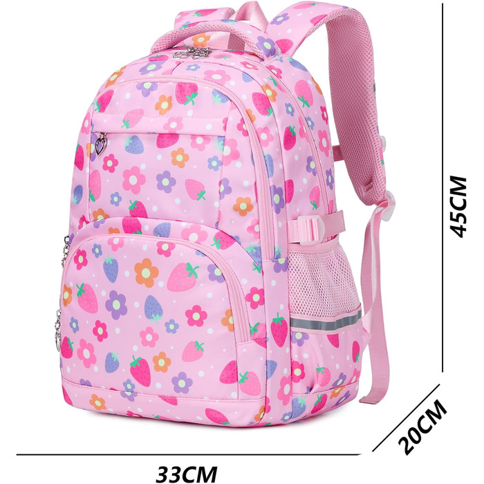 Шкільний рюкзак для дівчаток-підлітків, вінтажний набір, квітковий дизайн, рюкзак для ноутбука, шкільні сумки для жінок, школа, подорожі, з ланч-боксом, сумкою та пеналом (Клубнично-рожевий)