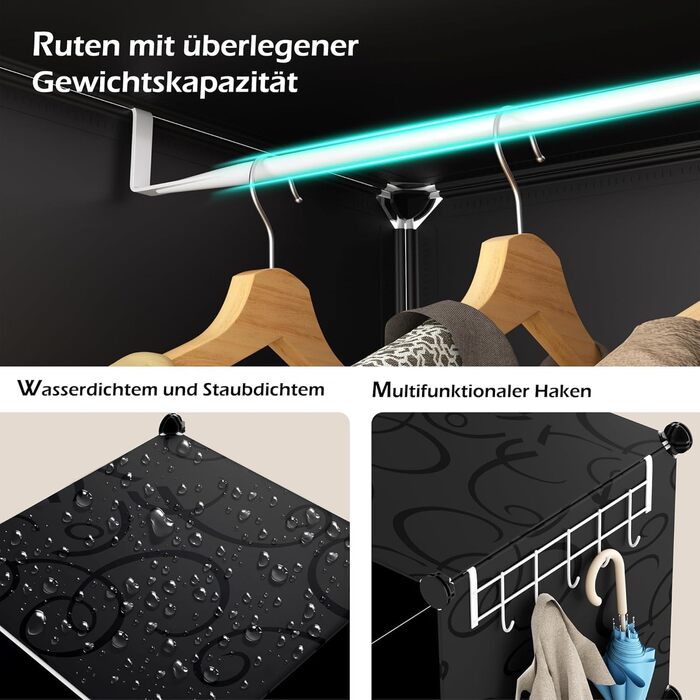 HOMIDEC Wardrobe, Portable Shelving System, 20 Cube Closet made of Plastic with 2 Clothes Rails, Bedroom Wardrobe Closet White for Bedroom, 180 x 142 x 45cm (16 cube, White & Black)