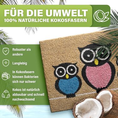 Кокосовий килимок для підлоги [водостійкий] - надміцний - придверний килимок для зовнішнього використання - кокосовий килимок для підлоги [водостійкий]. Килимок для підлоги на вулицю 40x60 см (Owls)