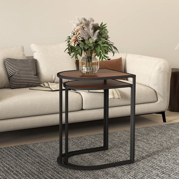 HOMCOM 2-Piece Couch Table Set, Square Side Table, Coffee Table with Steel Frame, Stackable Sofa Table, for Living Room, Holds up to 20 kg, Brown+Black | Aosom