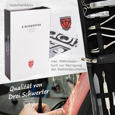 Набір манікюру та педикюру 'Firenze' DREI SCHWERTER | 12 предметів | Якісний кейс з екошкіри | Набір для догляду за руками та ногами | Чорний | Екошкіра