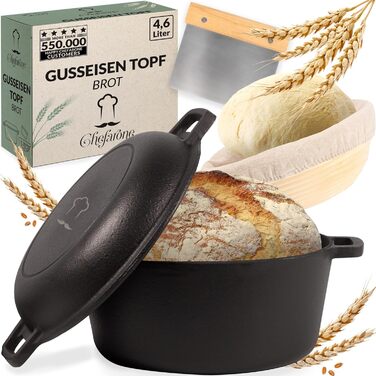 Chef's Cast Iron Dutch Oven incl. Dough Basket and Dough Scraper. Pot for Baking Bread. Bread Baking Pan with Lid 4.6L. 2-in-1 Bread Pot for Baking 26CM. Robust Bread Baking Pot. Round Bread Baking Pan. Cast Iron Pot for Baking Bread 4.6L Round