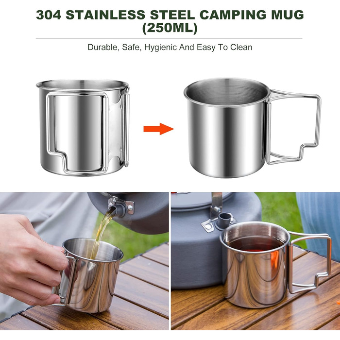 Набір кухонного посуду для кемпінгу Odoland 7 предметів: каструля, сковорода, тарілки, миски, столові прибори з нержавіючої сталі