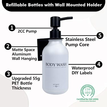 Набір диспенсерів для мила, шампуню та гелю для миття: 3 шт., 500 мл, без свердління, настінний монтаж, етикетки в комплекті, янтарний колір (чорна пляшка + біла помпа)