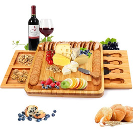 Bamboo Cheese Board with Cheese Tools, Cheese Platter Charcuterie Board Serving Tray Set for Wine, Crackers, Brie, and Meat, Large Thick Wood Server, Housewarming Gift for Foodies