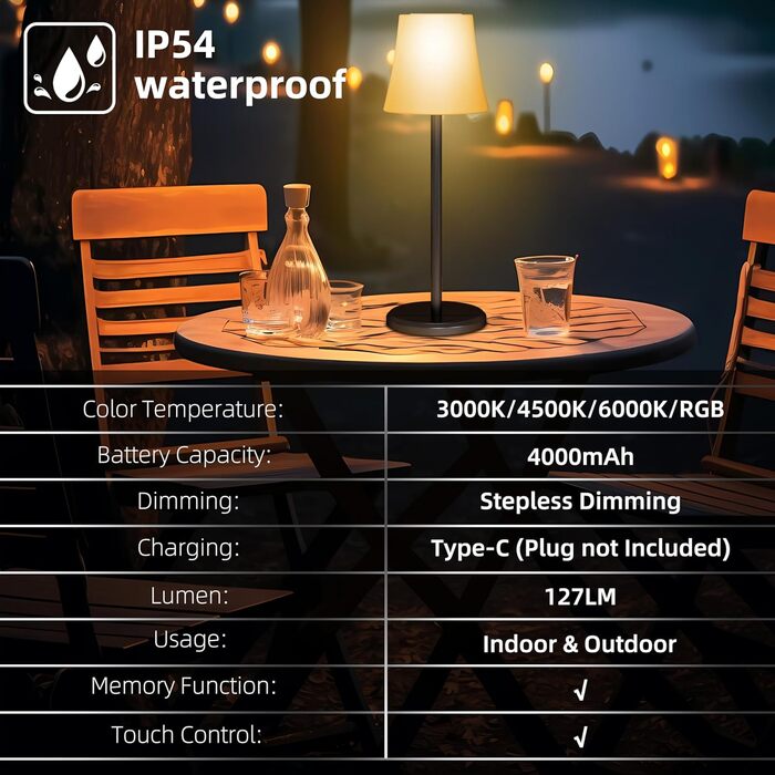 Настільна LED лампа бездротова акумуляторна з димером та RGB підсвіткою, сенсорне управління, водонепроникна IP54 для дому, офісу, ресторану