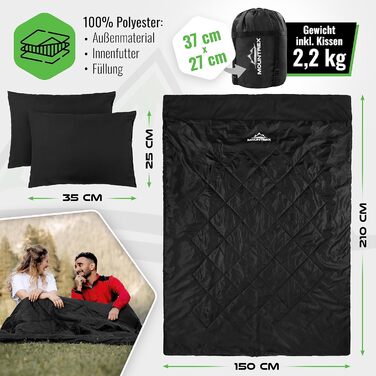Mountrex Double Sleeping Bag - Summer Sleeping Bag for 2 People (210 x 150cm) - Double Sleeping Bag - XXL Summer Sleeping Bag with 2 Pillows for Adults - Camping, Outdoor & Indoor Use - Black