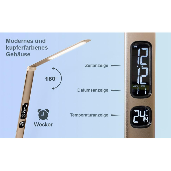 LED лампа Eaxus® для робочого столу 12 Вт з RGB підсвічуванням - регульована настільна лампа 500 lm, сенсорне управління, годинник, календар та індикатор температури, офісна лампа, аксесуари для столу, мідного кольору