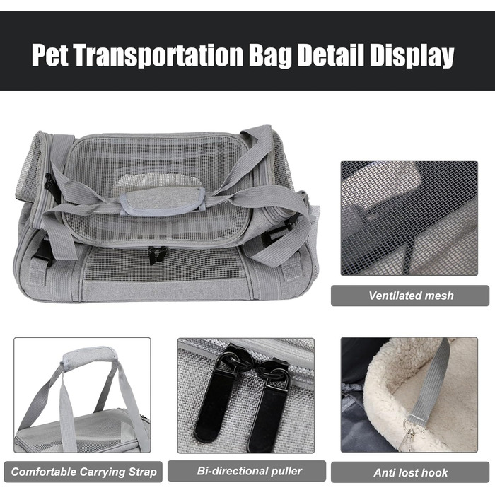 Транспортна сумка для тварин з підстилкою з флісу, для котів та маленьких собак до 10 кг, сірого кольору
