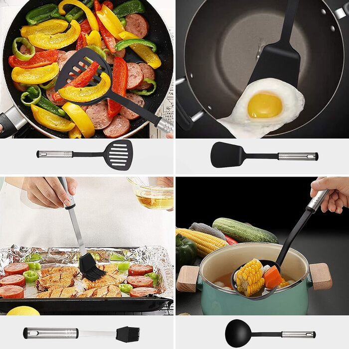 Kitchen Helper Set, 43 Pieces Kitchen Accessories Cooking Utensil Set made of Stainless Steel & Nylon, Heat-Resistant Home Kitchen Cooking Utensils - Spoon, Tongs, Whisk, Spatula, Pasta Server, Ladle, Turner.