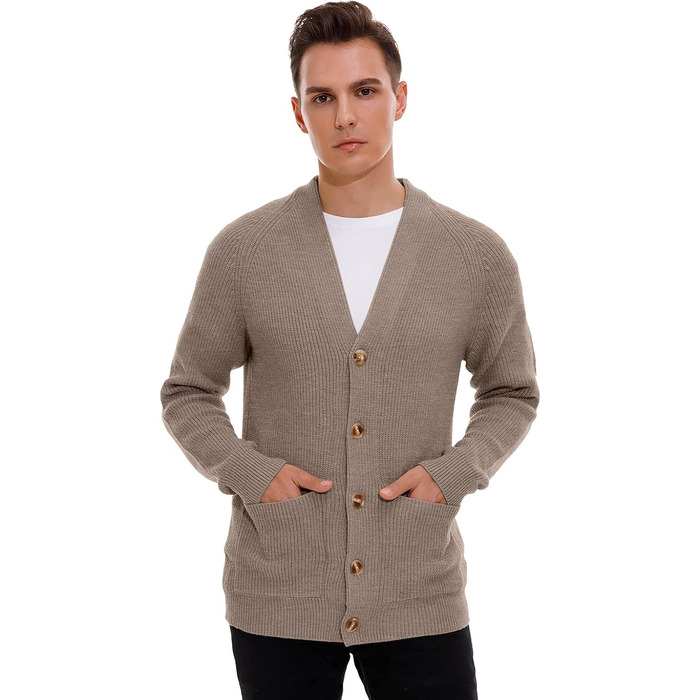 Чоловічий в'язаний кардиган Sailwind з V-подібним вирізом, зимова куртка, класичний дизайн, довгий рукав, з ґудзиками та кишенями (Пустельний хакі, L)