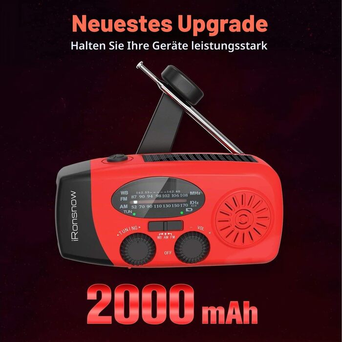 Сонячна радіостанція iRonsnow з ручним заводом, LED-ліхтарик, 2000mAh AM/FM, USB-зарядка для походу, кемпінгу, екстрених ситуацій