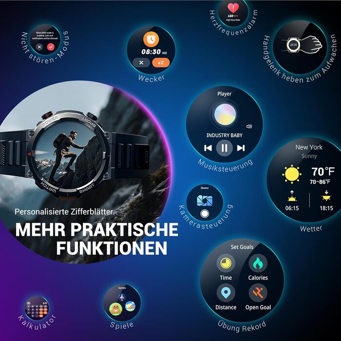 Смарт-годинник Blackview IP68: Компас, 100 днів автономії, Bluetooth-дзвінки, моніторинг серця та сну, 100+ режимів спорту, сумісний з Android/iOS, чорний