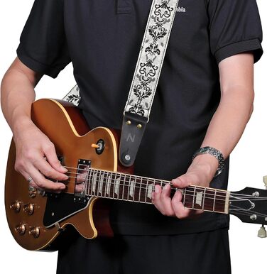 Гітарний ремінь Vintage з вишивкою з бавовни з кінцями з натуральної шкіри для бас-гітари, електро- та акустичної гітари, з безкоштовними кнопками для ремінця, 1 пара замків для ремінця та 4 медіатори D# - Біла квітка