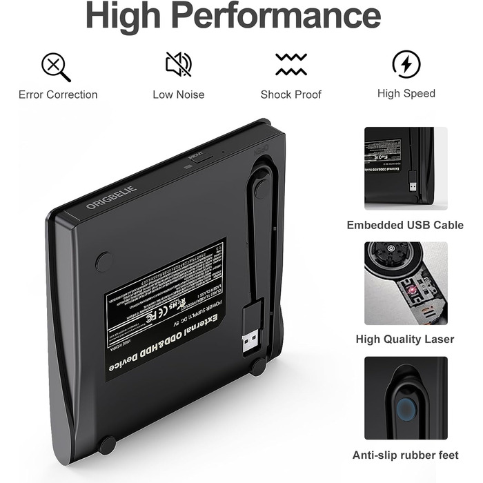 Зовнішній DVD-записувач ORIGBELIE USB 3.0, портативний CD-ROM привід +/-RW для ноутбука, ПК, MacBook, Windows, Linux