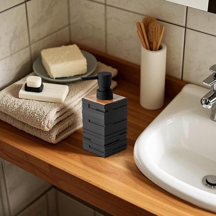 Диспенсер для мила та миючого засобу чорного кольору з дерева для кухні та ванної кімнати, з помповим дозатором