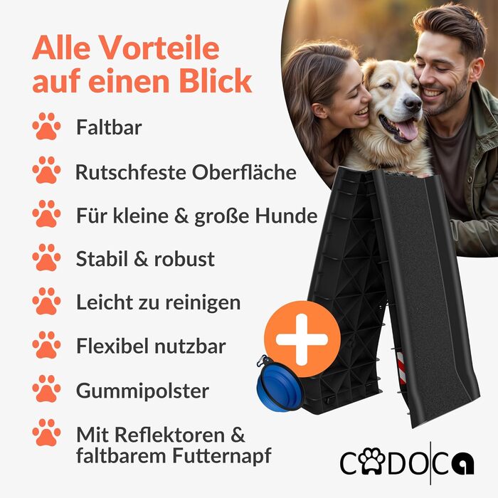 CADOCA® Рампа для собак і котів, складана, до 90 кг, 156x40 см, з ручкою та бугелем, з підставкою для води, антиковзаюча