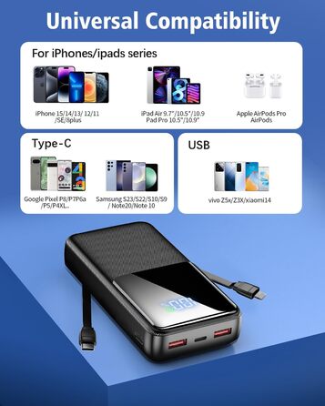 Power Bank 40000mAh з 3 портами USB та 2 кабелями, чорний. Сумісний з iPhone, Samsung Galaxy