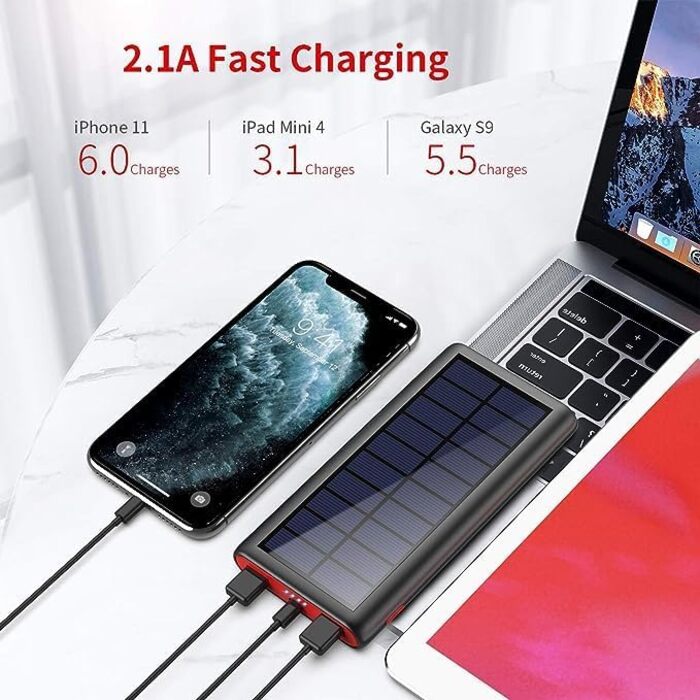Сонячний Powerbank 26800mAh з USB-C, для активного відпочинку, сумісний з iPhone та Samsung (червоний)