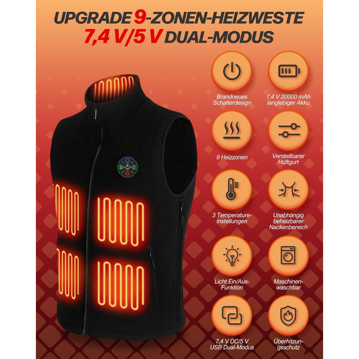 Електрична гріюча жилетка з підігрівом для жінок та чоловіків, 5V/7.4V, 20000mAh, 10 зон нагріву, 3 температурні режими, для велоспорту, активного відпочинку, роботи на вулиці, кемпінгу, розмір L, чорна