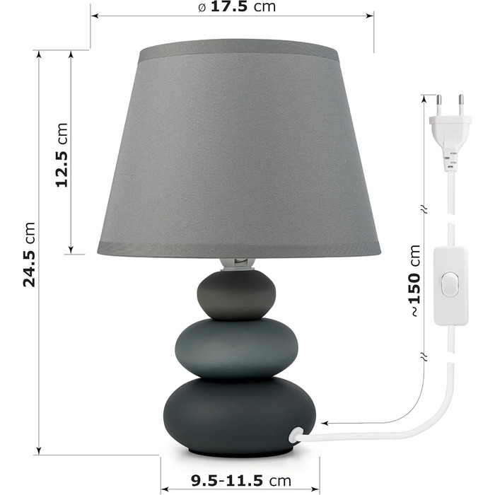 Нічна лампа 'Ліна' - керамічна настільна лампа з тканинним абажуром, сумісна з LED, E14, 230V (Сірий/Матовий)