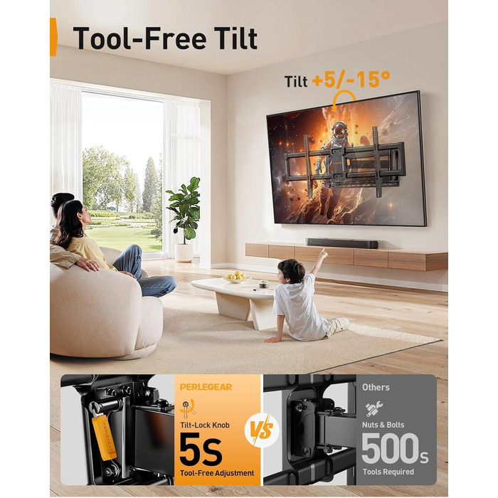 Кріплення для телевізора Perlegear: 42-90 дюймів, до 68 кг, подовжений кронштейн, повний рух, VESA 800x400 мм