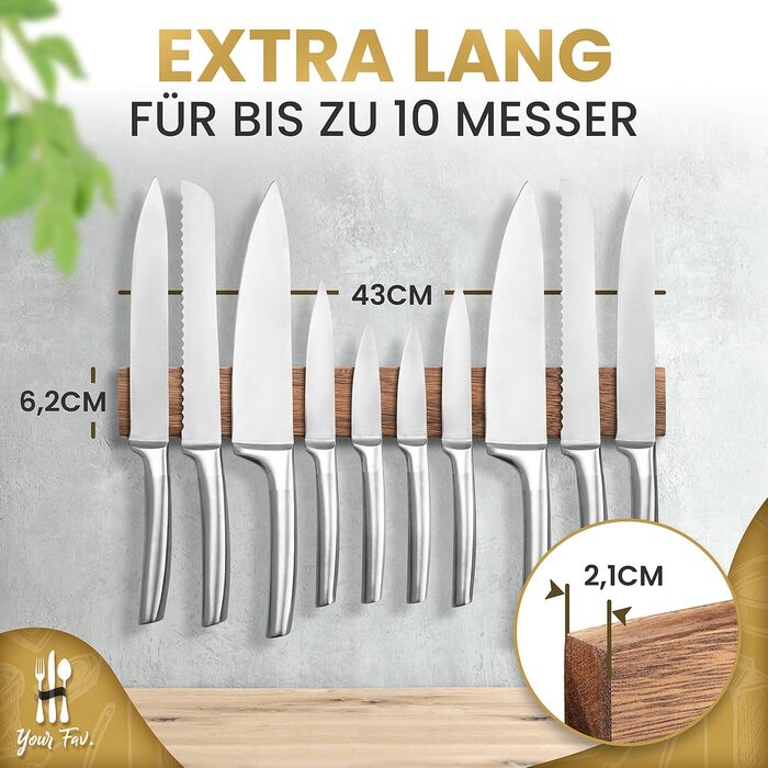 Magnetic Knife Strip, Wood, Self-Adhesive, No Drilling Required - XL Knife Strip for up to 10 Knives - 43x6.2cm - [ROCK SOLID] - Magnetic Knife Block made of Walnut Wood for the Kitchen - Magnetic Knife Holder