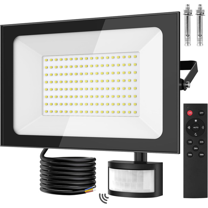 papasbox 2 Pack LED Floodlights with Motion Sensor and Light Sensor | Outdoor Floodlights/Spotlights with Remote Control | 6500K Cool White IP66 Waterproof Floodlights for Garden, Garage, Sports Field (150W, 1 piece)