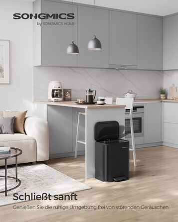 Відро для сміття SONGMICS 20 л з кришкою, з педаллю, нержавіюча сталь, Soft-Close, з внутрішнім відром, антиковзне педаль, хмарно-білий LTB542W02 (Чорний)