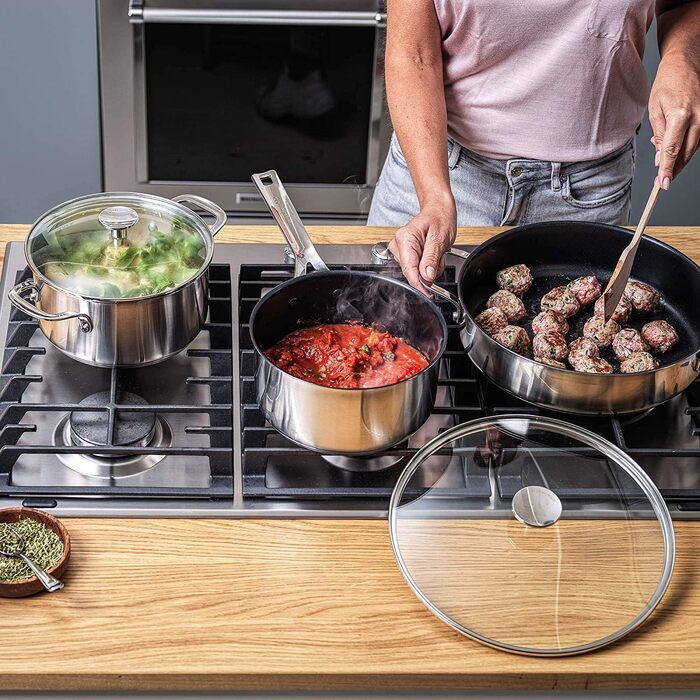 Набір сковорідок KitchenAid з нержавіючої сталі 20 см і 28 см, 3-шарове антипригарне покриття, для індукції, для духовки, посудомийної машини, з холодною ручкою, сріблястий