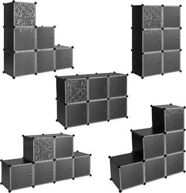 WOLTU Stackable Shoe Boxes, Shoe Rack with 6 Stackable Boxes, Storage Box with Door, DIY Shelf, Plastic Box for Shoe Storage, Shoe Organizer, 35x35x35 cm per Shoe Box, Black