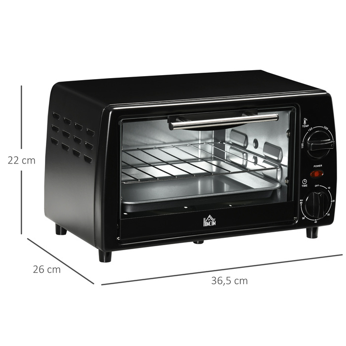 HOMCOM Міні-духовка 10 л, 750 Вт, до 230°C з таймером 60 хв, невелика електродуховка з декою та решіткою 36,5x26x22 см, чорна