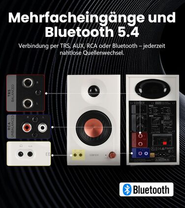 Edifier MR3 - Компактні Студійні Акустичні Системи 2.0, Hi-Res Audio, Bluetooth V5.4, RCA, AUX, Мобільний Додаток, 2 x 18 W, Білий