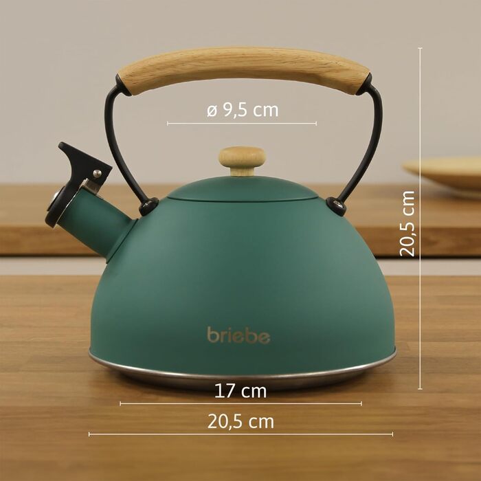 Чайник Nordic Wasserkessel Induktion 2.3L з нержавіючої сталі, з свистком, для чаю та кави, сумісний з усіма типами плит (індукційні, склокерамічні, газові, електричні), з дерев'яною ручкою Cool-Touch, ретро дизайн, зелений