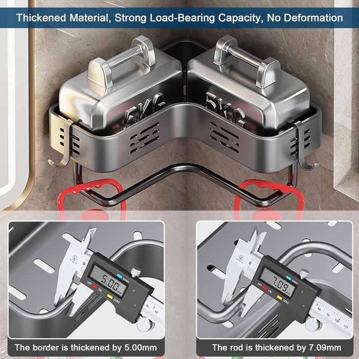 Поличка для душу без свердління, кутова, для ванної кімнати, органайзер, шафка для душу, тримач для шампуню, 2 гачки, темно-сірий