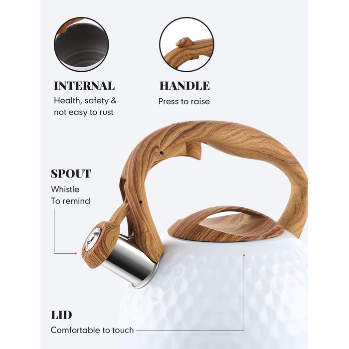 Чайник BELANKO Teekessel 2.7л з нержавіючої сталі з дерев'яною ручкою, гучний свисток, для плити, індукції, діамантовим дизайном, чорний (глянцевий білий)