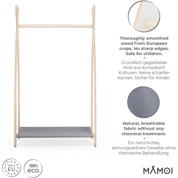 MAMOI® Clothes Rail Baby Nursery | Children's Clothes Rail 106x95x32cm / 53x95x32cm | Children's Clothes Rack Baby | Coat Stand | Baby Wardrobe | Children's Wardrobe | 100% ECO | Made in EU (1 Module - 1 Shelf, White - Grey)