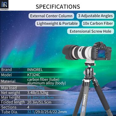 Карбоновий штатив INNOREL KT324C: професійний компактний дорожній штатив для DSLR-камер з панорамною кулеподібною головкою