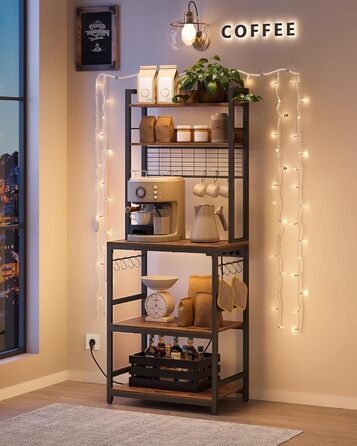 Стелаж кухонний VASAGLE з розетками, для мікрохвильової печі, з решіткою, 14 гачків, антрацит-чорний, 40x60x170 см, вінтажний коричневий + чорний