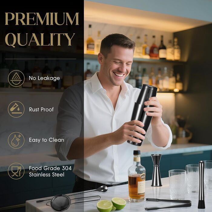 Набір шейкерів для коктейлів YXT&BEYOND Premium, 12 шт., нержавіюча сталь 304, чорний, для дому та барів, з подарунковою коробкою
