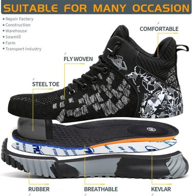 Черевики робочі чоловічі/жіночі, захисні, спортивні, з металевим носком, антиковзаючі, чорні, розміри 37-46 EU