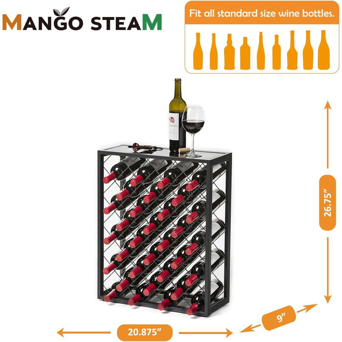 Стійка для вина Mango Steam на 32 пляшки з верхньою скляною полицею, сіра
