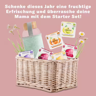 waterdrop® Mother's Day Gift Set - Glass Bottle 1 Liter incl. 18 sugar-free Drops - Gift for Women - Sampler Pack with Water Bottle, Flavor Drops & Vitamins - Carbonated Water Suitable Bottle