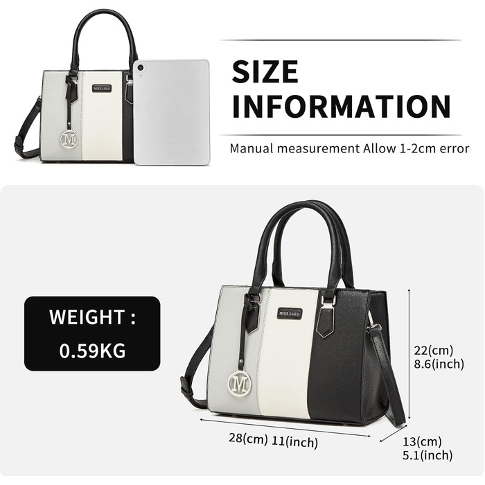 Сумка жіноча Miss Lulu середнього розміру з PU шкіри, сіра+чорна, з плечовим ремінцем для офісу, школи, подорожей та покупок