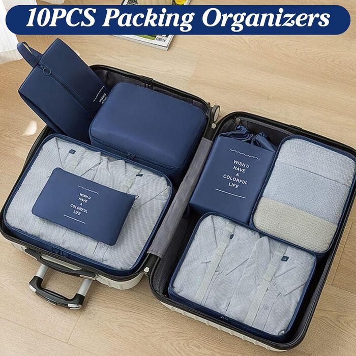 Органайзер для валізи Zorplex, набір 10 шт. (Pack Cube Set), аксесуари для подорожей, сумки для одягу, взуття та косметики (Темно-синій)