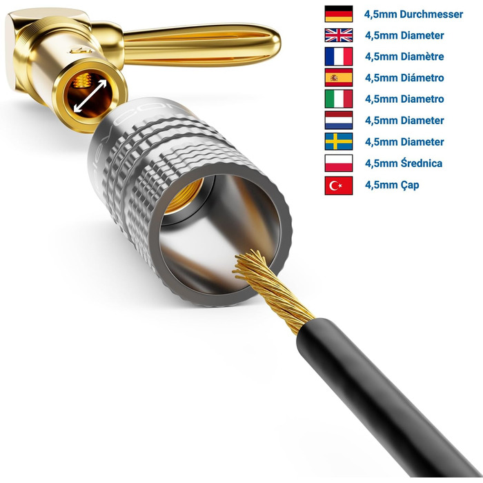 Набір бананових конекторів deleyCON 4 шт. 90° з позолотою, гвинтовий, для акустичних кабелів, 0,75-4,5 мм, Hi-Fi, домашній кінотеатр