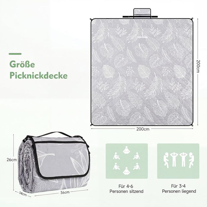 Плед для пікніка HAUSPROFI 200x300 см, водонепроникний, ізольований, XXL. Для пікніка, пляжу, кемпінгу. З бавовняним наповнювачем, ручкою для перенесення та кілочками. Змивний, зберігає форму (листя, 200x300 см)